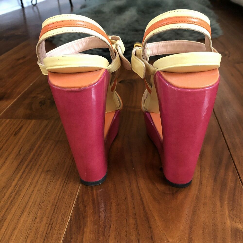 Stuart Weitzman Cut-Out Pink Yellow Color Block Wedge Platform Sandals 7.5M - Picture 7 of 11